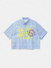 SWAVVY Camisa corta holgada con estampado de cuadros y patrón de cera goteada de moda casual para hombres de talla estándar - Azul - Ver 3