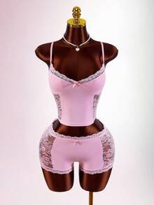 Amplova 2pcs/Set Women Lace Patchwork Bow Tie Crop Top And Shorts Mini Set With Lace Cups,Soft Pink,Summer,Girly,Night Out Mesh Avant-Garde 2 Pieces Set - Pink - View 2