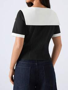 LYSMO 2026 Noutate Minimalism Primăvară/Vară pentru Femei Cu Guler Contrast Culoare Dungi Mânecă Scurtă Cu Un Singur Nasture, Serviciu/Casual de Afaceri/Birou, Top Elegant Alb-Negru Bluză Alb-Negru Topuri Preppy Topuri Business Casual Topuri Femei Topuri Office Pentru Femei - Albastru si alb - Vizualizare 2