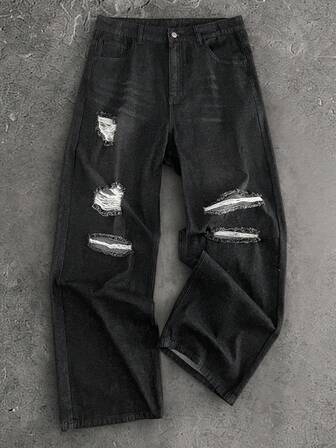 GENTILAND Men's Pocket Distressed Wide Leg Loose Casual Versatile Jeans