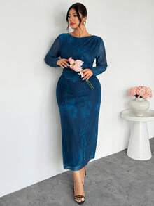 Firerie 大码浪漫扎染褶皱网纱长袖连衣裙，优雅百搭，适合约会、音乐会、演出、正式场合、婚礼季、通勤等各种场合。 - 藍色 - 查看 3