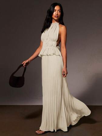 Athîral Women's Solid Color Sleeveless Hollow Out Ruffle Hem Dress