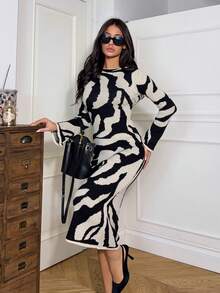Ronhire Women Pattern Flared Sleeve Knitted Sweater Dress Fall Winter Cloth For Women - Apricot - View 1
