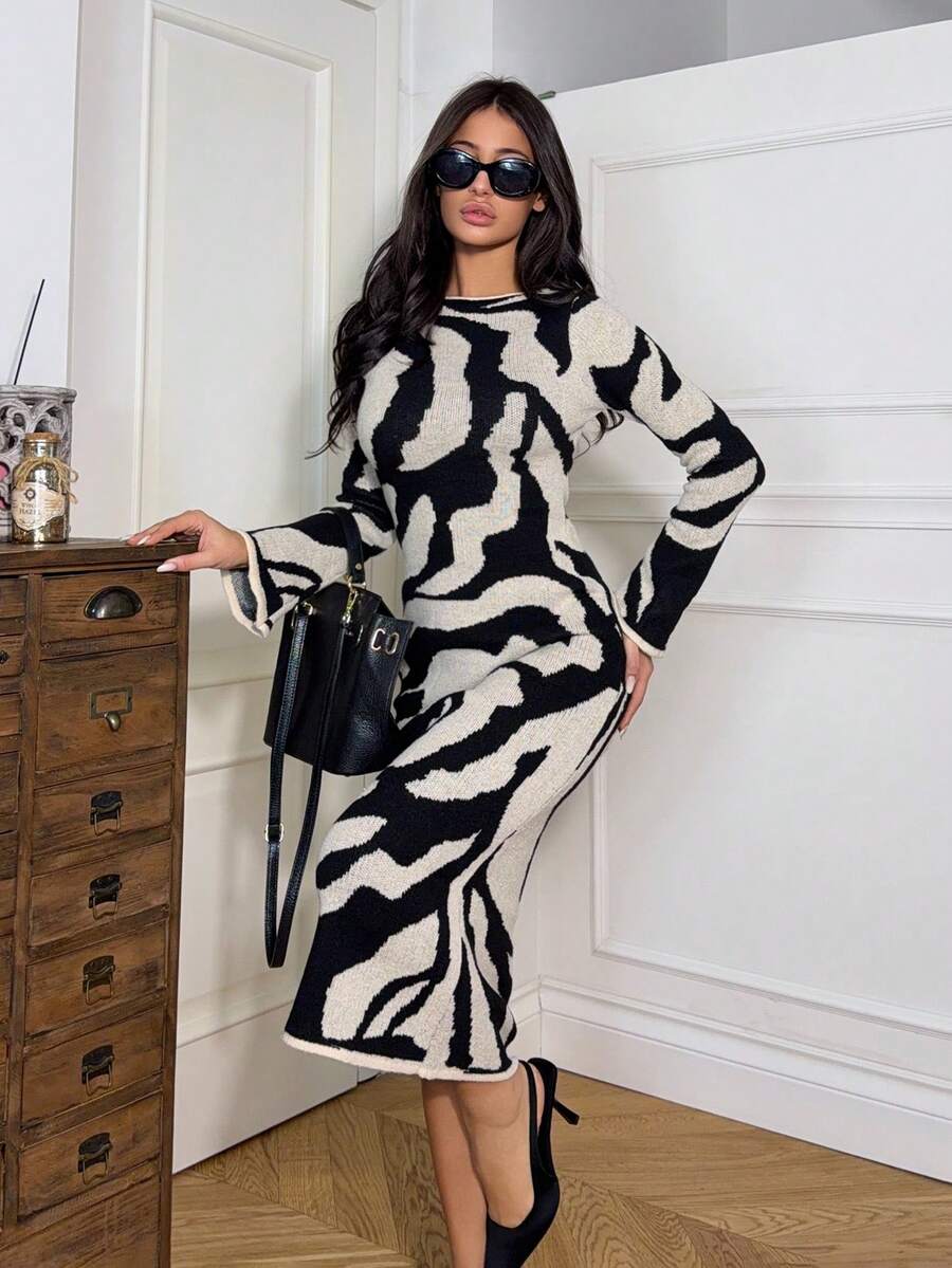 Ronhire Women Pattern Flared Sleeve Knitted Sweater Dress Fall Winter Cloth For Women - Apricot - View 1
