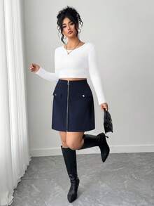 SHEIN Tall CURVE 大码女式纯色高腰拉链前开休闲A字裙 - 藏蓝色 - 查看 4