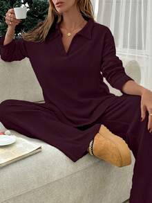 SHEIN Women's Brushed Ribbed Set, Casual, Chic - Burgundy - View 3