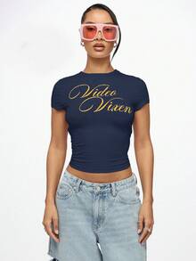 SUMWON WOMEN Video Vixen Graphic Baby Tee Crop Top Short Sleeve Cotton Casual Everyday Fitted Script Print Lettering - Navy Blue - View 10