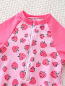 Cozy Pixies Baby Girl Round Neck Zipper Strawberry Print Ruffle Splice Vacation Beach Long Sleeve Swimsuit