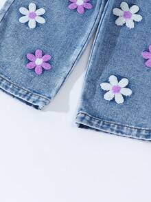 Baby Girl Fashionable Snowflower Washed Floral Flocked Denim Pants - Blue - View 6