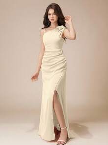 Bridesmaid High-End Sense Teenage Girl One Shoulder Bow Pleated Slit Long Dress, Suitable For Prom, Wedding, Birthday Party, Performance - Champagne - View 7