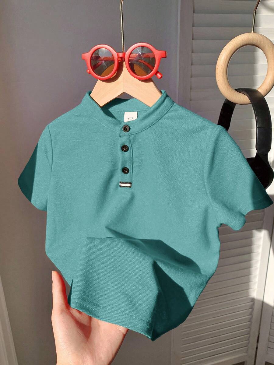 Baby Boy Casual Cute Versatile Red Collar Short Sleeve Top, Suitable For Birthday Party, Evening Party, Performance, Wedding, Baby Shower, One Month Celebration, And First Birthday - Mint Green - View 1