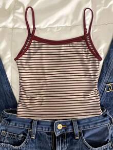Glimmora Women's Casual Basic Burgundy Striped Tank Top - Burgundy - View 2