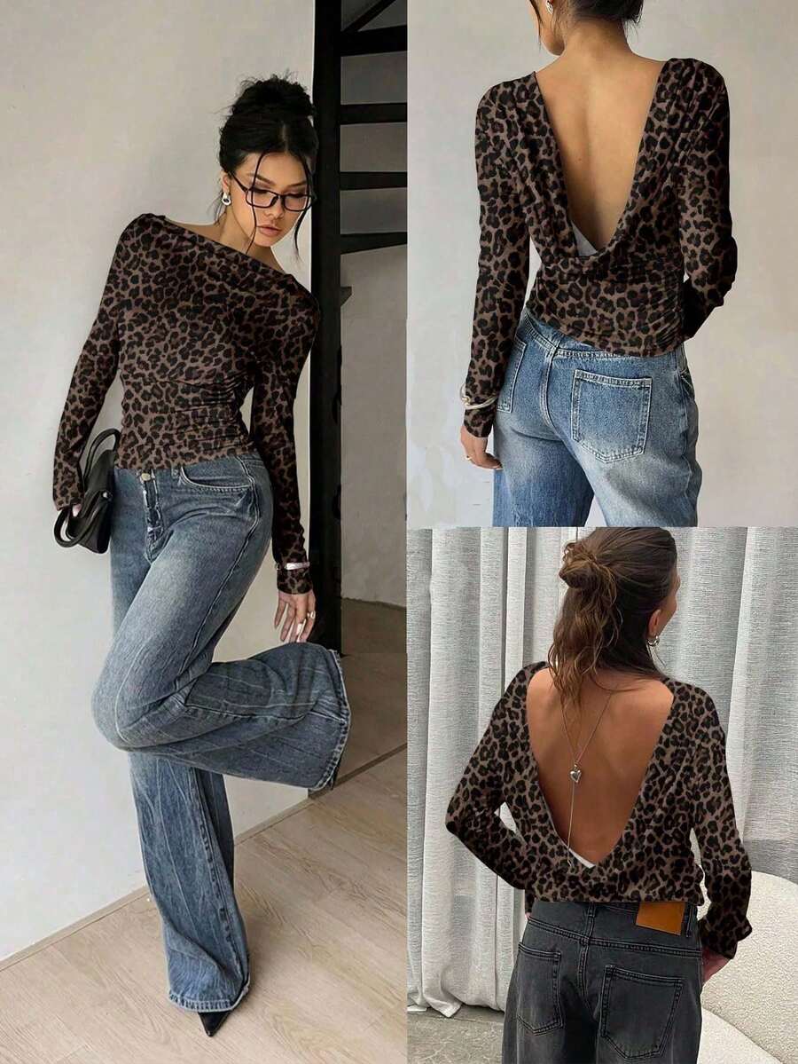 Siren Gaze 女士性感浪漫优雅露背亮片印花长袖T恤，适合通勤、派对、年会、约会、郊游、搭配、时尚、新年氛围 - 彩色 - 查看 1