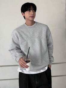 DAZY 男士灰色字母刺绣抓绒套头卫衣，秋冬款 - 灰色 - 查看 5