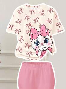 SHEIN 2pcs/Set Young Girl Cute Cartoon Cat&Leopard Bow Print Round Neck Short Sleeve Top&Flare Pants Set,Casual Comfortable Summer School Outfits,Holidays - Multicolor - View 3