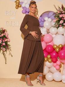 Loomaby 2pcs Maternity Elegant Party Solid Color Asymmetric Neck Top And Skirt Set Dress Gender Reveal Dress Maternity Dress Baby Shower Dress Brown Maternity Dress Long Brown Dress Pregnancy Dress For Photoshoot Chocolate Brown Dress Dress For Pregnant Woman - Coffee Brown - View 6