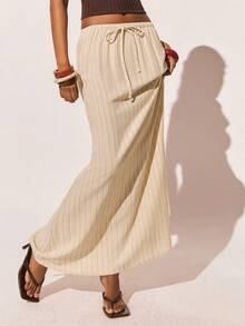 Poéselle 女士抽绳腰条纹长款休闲裙，夏季女士沙滩度假裙 - 杏色 - 查看 3