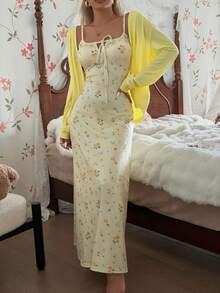 CottageSlumber 两件套碎花无袖连衣裙配披肩，轻盈柔软家居服套装，适合户外穿着，春夏款 - 黃色 - 查看 6