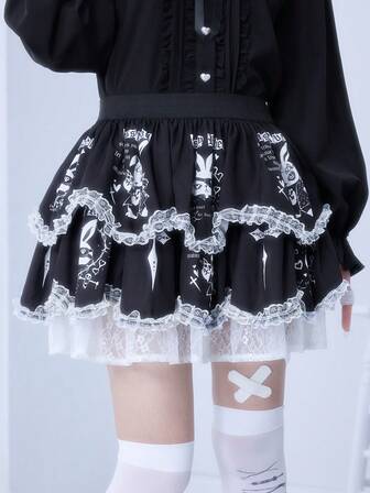 Kawaii Minigonna estiva da donna con stampa a coniglio e bordo in pizzo