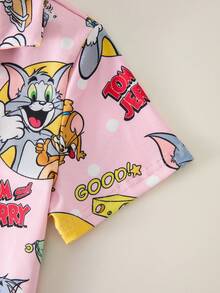 TOM & JERRY X SHEIN 女童夏季可爱卡通字母图案翻领短袖衬衫和短裤睡衣套装 - 粉色 - 查看 4