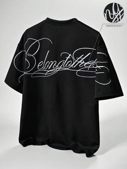 TOKVUE Camiseta de estilo callejero popular de los hombres INS "This City" con bordado en contraste, adecuada para festivales de música al aire libre, uso diario, reuniones con amigos, regalos para novio/esposo, aniversario, negro