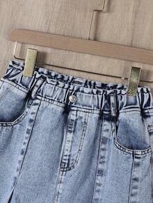 Tween Girl Versatile Blue Denim Long Pleated Skirt, Suitable Everyday Wear, Streetwear And Back To School, Casual Denim Pleated Skirt, Frayed Hem Waist - Blue - View 4