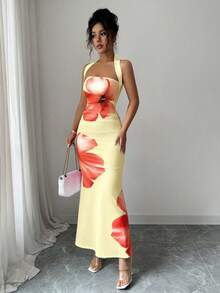 SHEIN PETITE 2025夏季女士露背系带修身印花中长连衣裙 - 淡黃色 - 查看 6