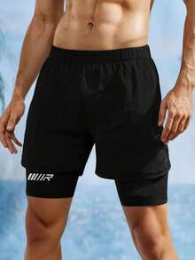 SHEIN Teen Boys' Minimalist Contrast Letter Graphic Layered Sports Shorts, Casual Sporty Comfortable Versatile Soft Fabric Suitable For Daily Wear, School, Outings, Outdoor Activities, Swimming, Beach Parties, Spring/Summer - Black - View 3