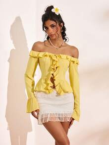 Bellisia Blusa de unicolor con hombros descubiertos, manga larga y ribete de volantes, adecuada para citas y uso diario