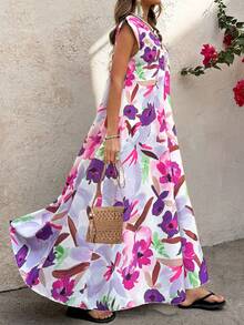 SHEIN LUNE Women's Plus Size Sleeveless V Neck Floral Midi Dress With Flared Ruffle Hem For Summer Vacation - Multicolor - View 1