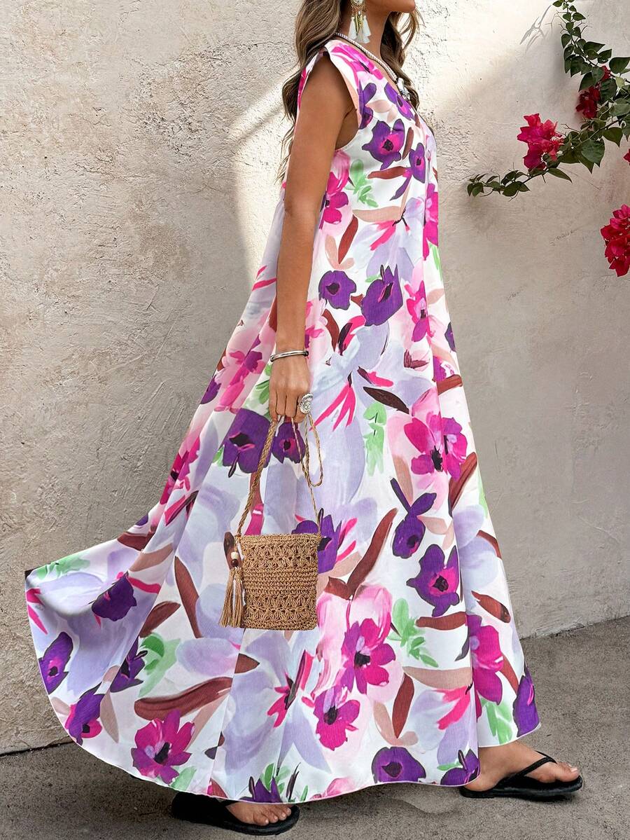 SHEIN LUNE Women's Plus Size Sleeveless V Neck Floral Midi Dress With Flared Ruffle Hem For Summer Vacation - Multicolor - View 1