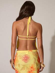 SHEIN BAE 女士春夏串珠花卉刺绣露背吊带上衣，完美适用于音乐节、派对、朋友聚会和休闲外出。时尚刺绣上衣，黄色亮片刺绣上衣，性感优雅，是音乐节的理想之选。亮丽的黄色上衣。 - 黃色 - 查看 2