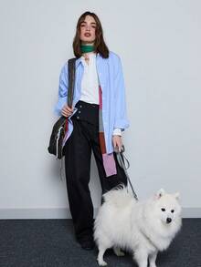 COUREZ 宽松低腰修身长裤，纽扣前襟配腰带细节 / Y2K 冬季女装休闲裤工作装外出下装上衣派对新年 - 黑色 - 查看 5