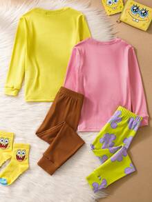 SpongeBob SquarePants | SHEIN 4pcs/Set Young Boy Cute Cartoon Pattern Crew Neck Long Sleeve Top And Pants Snug Fit Comfortable Pajama Set - Multicolor - View 2
