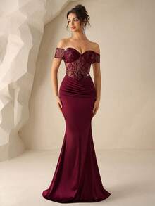 Coutiva Đây có phải là một chiếc đầm trễ vai thanh lịch với viền satin xuyên thấu, thêu sequin và kiểu dáng đuôi cá không? Thích hợp cho các sự kiện buổi tối trang trọng, tiệc cưới, lễ tốt nghiệp và các buổi tiệc chiêu đãi. - Màu Đỏ Sâu - Xem 4