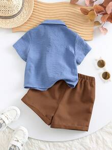 2pcs/Set Baby Boy/Girl Casual Solid Color Short Sleeve Shirt And Elastic Waist Shorts Set, Suitable For Summer Home, Outing, Travel And Vacation - Multicolor - View 8