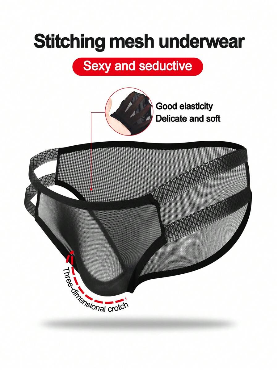 Charming & Cute Lace Trim Hollow-Out Mesh Mid-Rise Men's Sexy Underwear - Black - View 1
