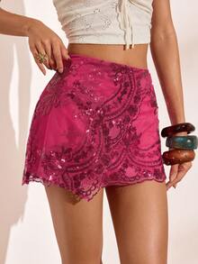 Femesol Chân váy ngắn đính sequin lấp lánh, vạt bất đối xứng dành cho nữ, hàng mới về mùa xuân/hè, phong cách Y2K cho kỳ nghỉ, tiệc tùng, Valentine, kỳ nghỉ hè, chân váy sequin màu hồng. - Màu Hồng Tươi - Xem 7