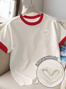 Resyla 撞色滚边仿珍珠刺绣休闲圆领短袖T恤