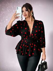 Viva Relle 大码女士性感V领灯笼袖爱心印花衬衫 - 黑色 - 查看 6