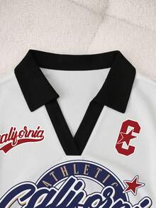 Rovax 女士字母印花撞色 Polo 领短袖休闲 T 恤 - 黑與白 - 查看 3