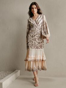 Anewsta Women's Retro Print Ruffle Hem Cinched Waist V-Neck Long Sleeve Dress, Vacation Style - Apricot - View 1