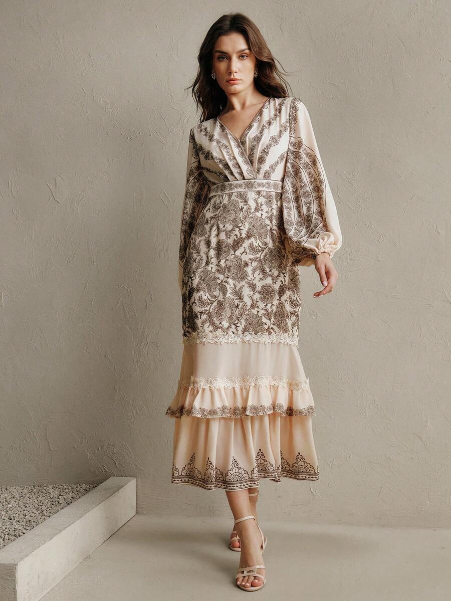Anewsta Women's Retro Print Ruffle Hem Cinched Waist V-Neck Long Sleeve Dress, Vacation Style - Apricot - View 1