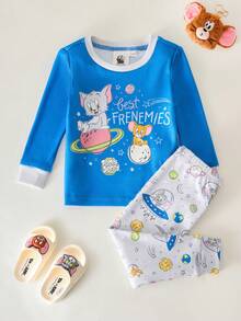 TOM & JERRY X SHEIN 2pcs Baby Boy Cartoon Pattern Casual Crew Neck Long Sleeve Top And Pants Pajama Set - Multicolor - View 1