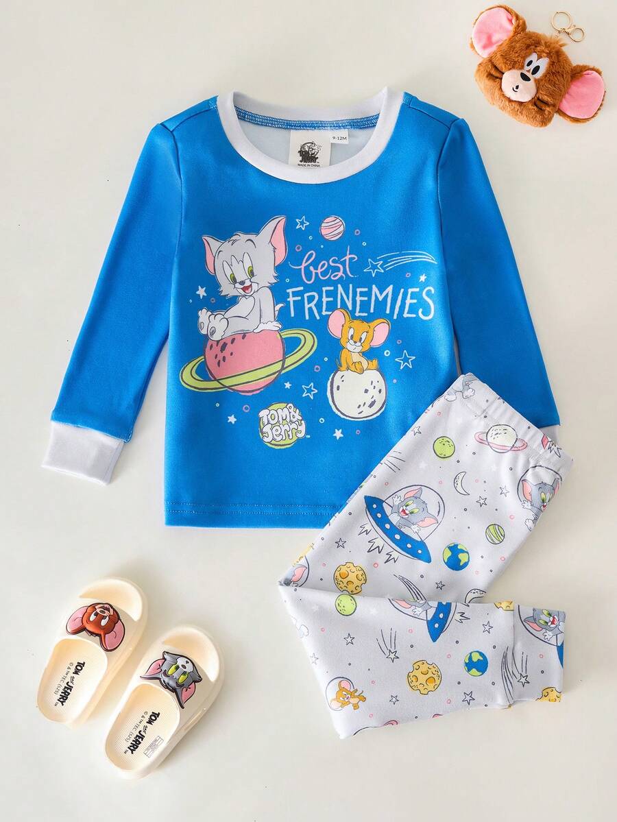 TOM & JERRY X SHEIN 2pcs Baby Boy Cartoon Pattern Casual Crew Neck Long Sleeve Top And Pants Pajama Set - Multicolor - View 1
