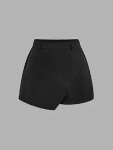 SHEIN MOD 2pcs Apricot & Black Waist Belt Asymmetric Hem Shorts, Retro 70s Style, Suitable For Commute, School, Western Wear. Black White Skort Wrap Front High Waist Minimalist Elegant Sleek Texture Soft Touch A Line Adjustable Waistband Above Knee Artistic Versatile Lightweight Structured Chic Classic Clean Design Smooth Finish Summer Style, Summer Holidays, Vacations , Carnival Costume , Valentines Day , Valentines For Women , Summer , Spring Breaks - Black and White - View 7