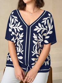 Chikora Plus Size Elegant Floral Print V-Neck Short Sleeve Shirt, Summer, Summer Tops - Navy Blue - View 4