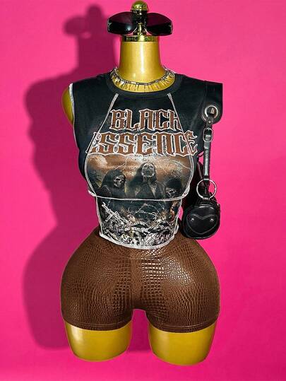 Slaydiva 2025 Spring/Summer New Arrival Music Festival Western Nomadic Style Birthday Party Graduation Student Daily Casual Vacation Cruise Beach Sunbathing Viral Minimalist Casual Letter Logo Graphic Sleeveless Crop Top + Red PU Leather Super Shorts Women 2 Pieces Set