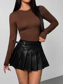 SHEIN PETITE Women's Autumn And Winter Chocolate Brown Solid Buckle Design Pleated PU Leather Skirt,Leather Pleated Skirt, Skater Skirt,Fall Outfits Women,Winter Clothes For Women,Halloween Clothes , Business Casual Woman,Old Money Style Women - Black - View 7