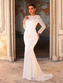 Aureia 优雅奢华白色珠绣拼接弹力缎手工贴花亮片装饰圆领荷叶边长袖美人鱼尾婚纱 - 白色 - 查看 7